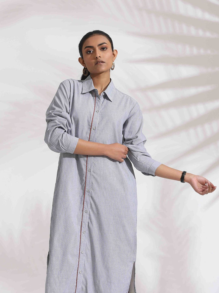 trueBrowns Women Grey Stripe Cotton Shirt Dress