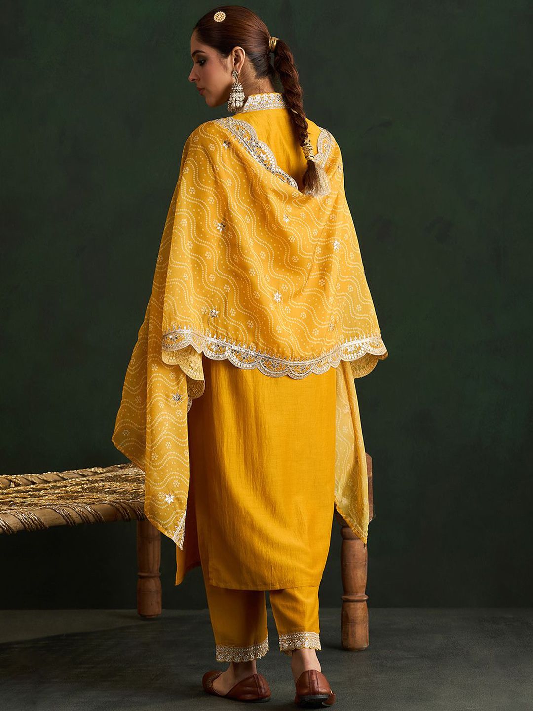 Indo Era Mustard Yellow Floral Embroidered V-Neck Straight Kurta with Trousers & Dupatta