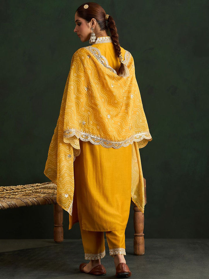 Indo Era Mustard Yellow Floral Embroidered V-Neck Straight Kurta with Trousers & Dupatta