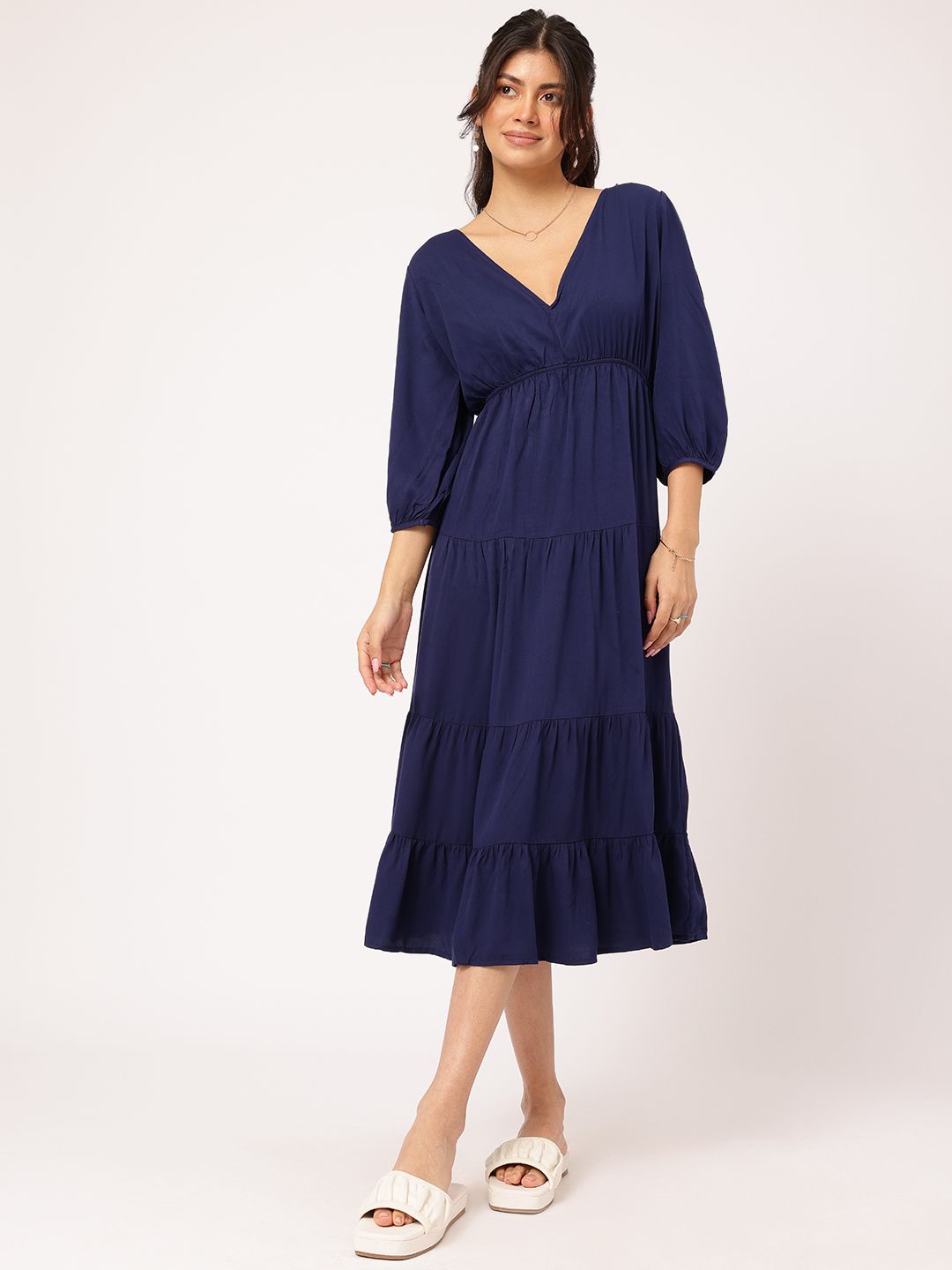 DressBerry Puff Sleeve Tie-Up Detail Sheath Midi Dress