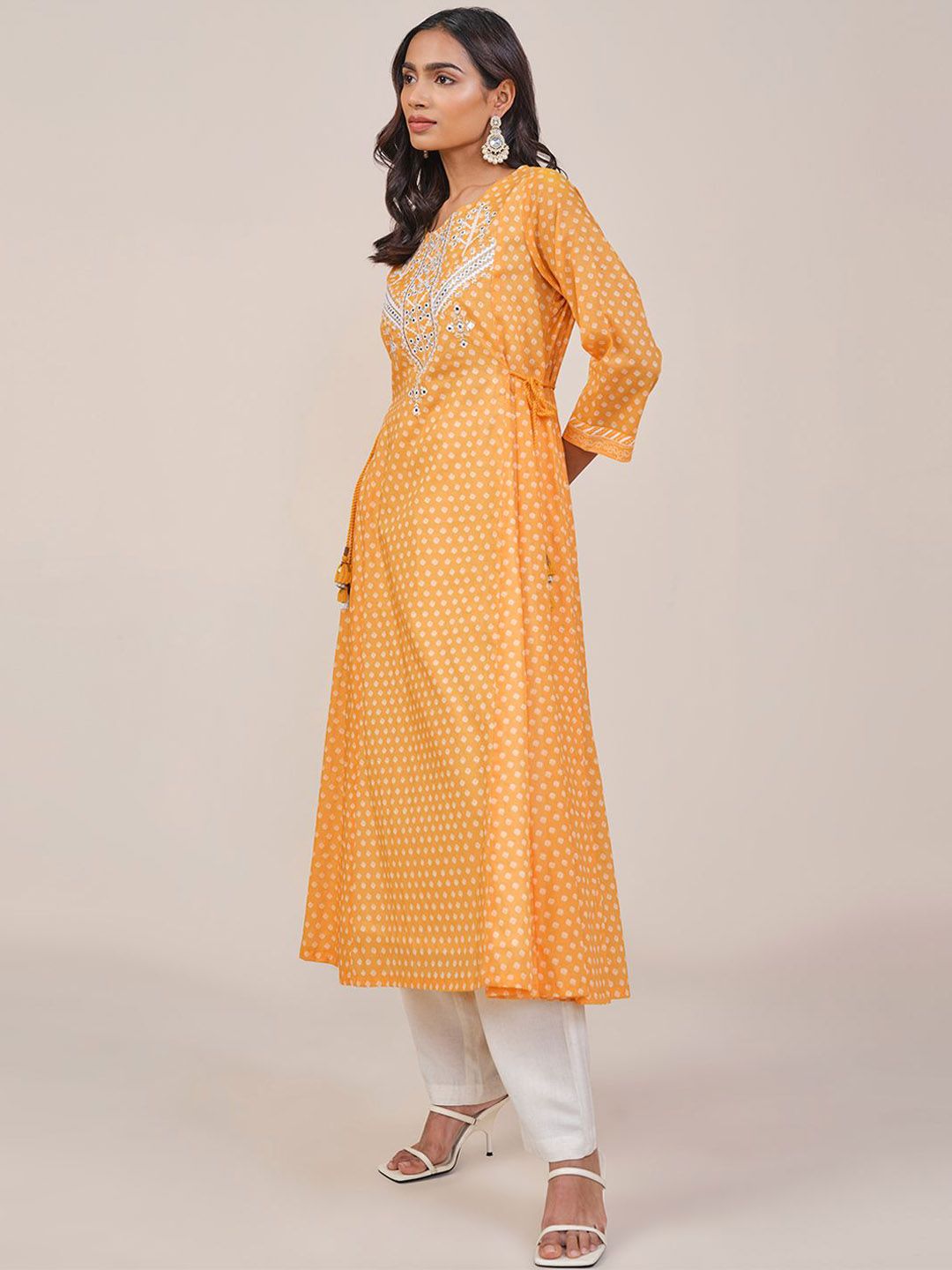 Global Desi Geometric Printed Thread Work Pure Cotton Anarkali Kurta