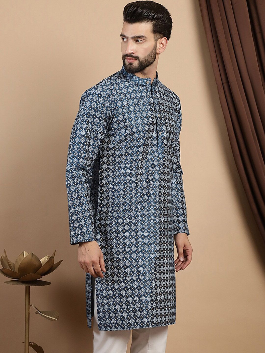 Kurta Kolar Mandarin Bercetak Anouk Teal Biru Geometrik