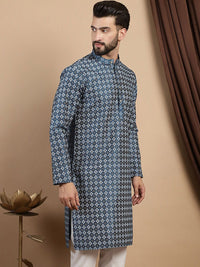 Kurta Kolar Mandarin Bercetak Anouk Teal Biru Geometrik