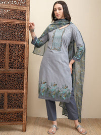 Vishudh Grey Geometric Printed Pure Cotton Straight Kurta With Trousers & Dupatta