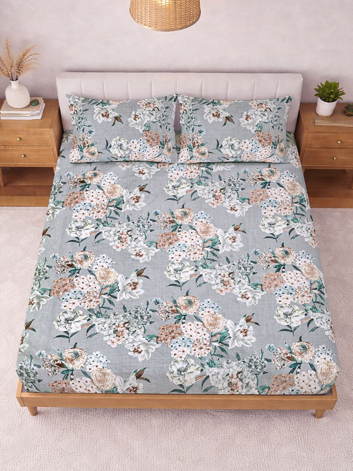 KLOTTHE Grey & Peach Printed 300 TC Double Bedsheet Dengan 2 Sarung Bantal- 2.5 m x 2.25 m