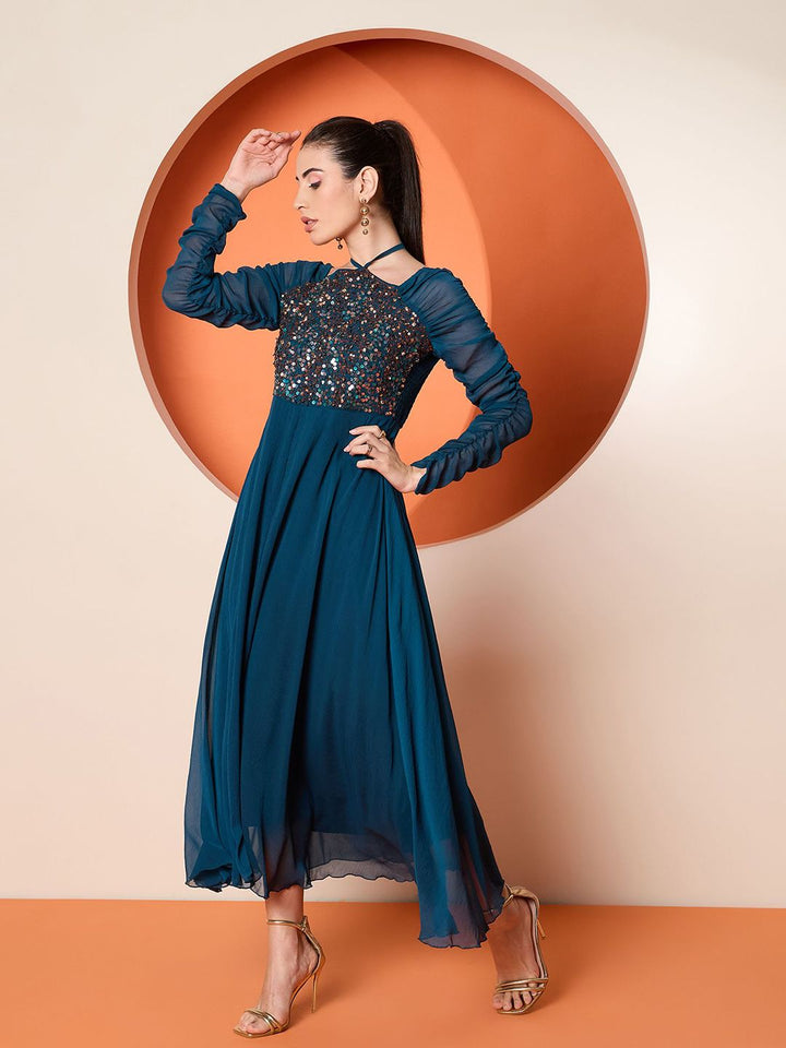 Antheaa Women Halter Neck Sequined Embellished Maxi Dress