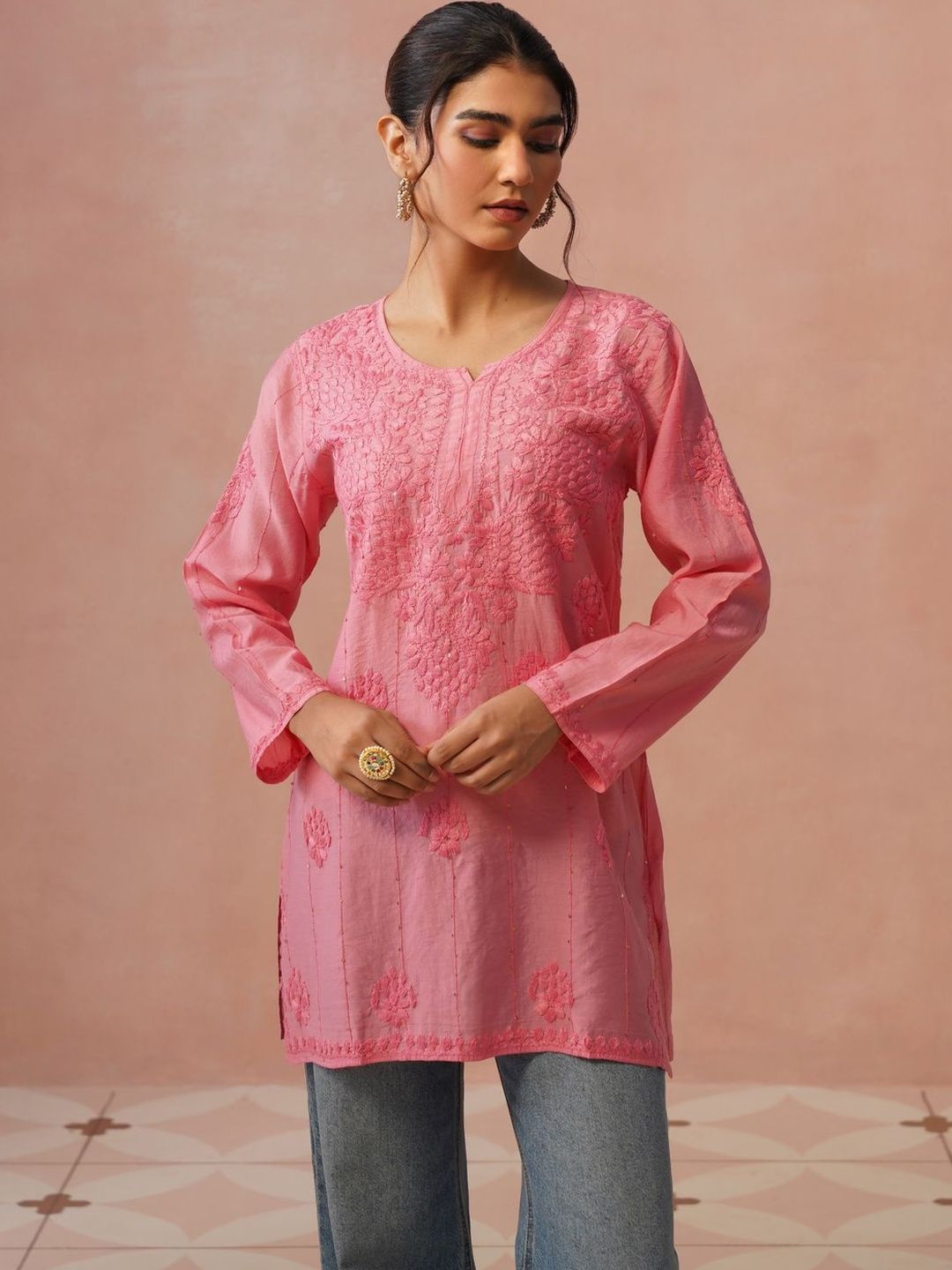 House of Chikankari Women Ethnic Motifs Embroidered Chikankari Chanderi Silk Kurta