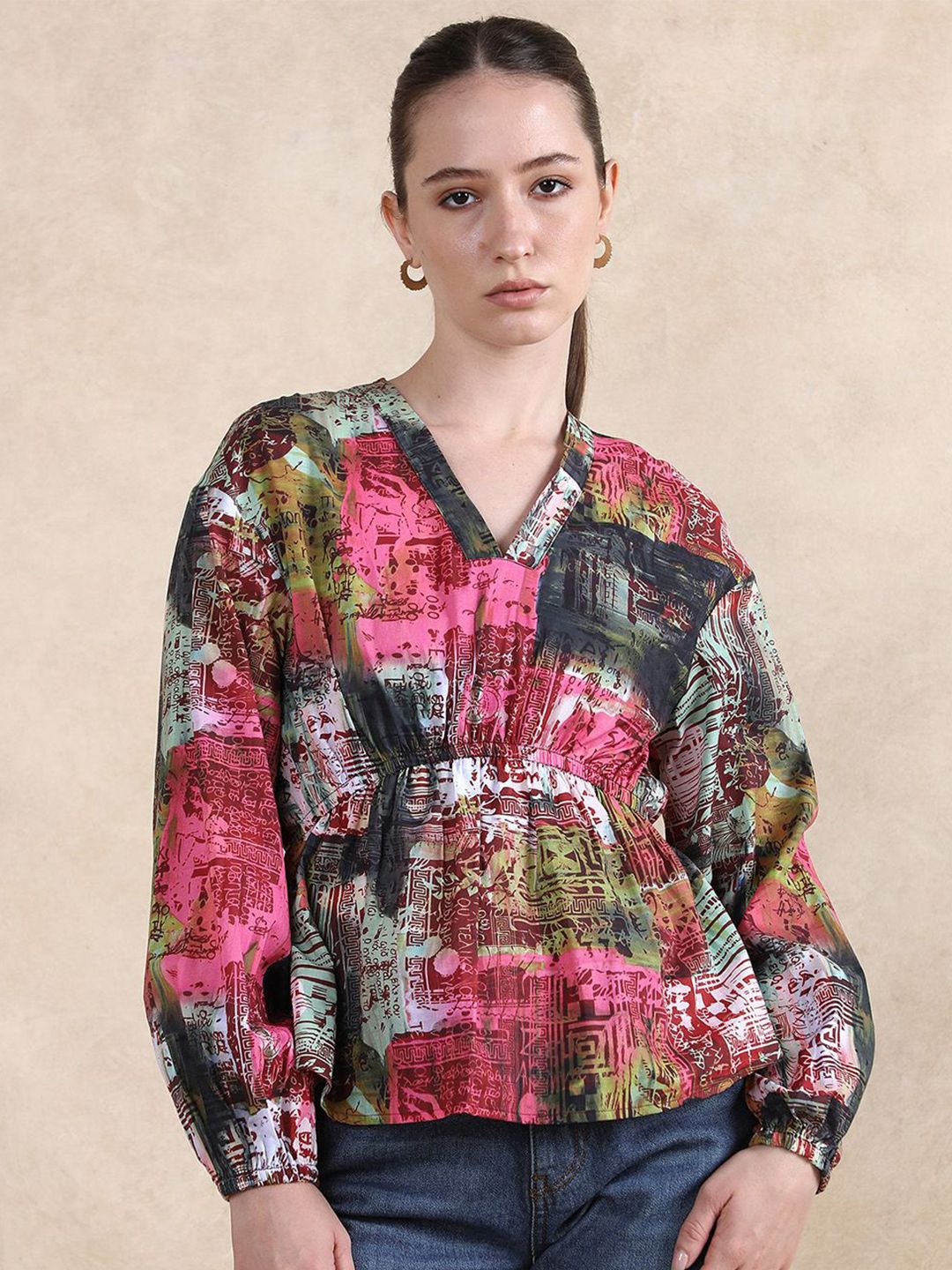 Rareism Women Abstract Abstract dicetak lengan lengan atas kapas