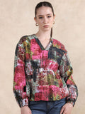 Rareism Women Abstract Abstract dicetak lengan lengan atas kapas