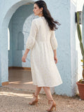 Mamicha Embroidered Puff Sleeve A-Line Midi Dress