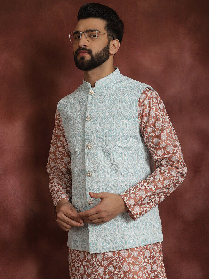 Anouk Embroidered Regular Thread Work Kurta With Churidar & Nehru Jacket