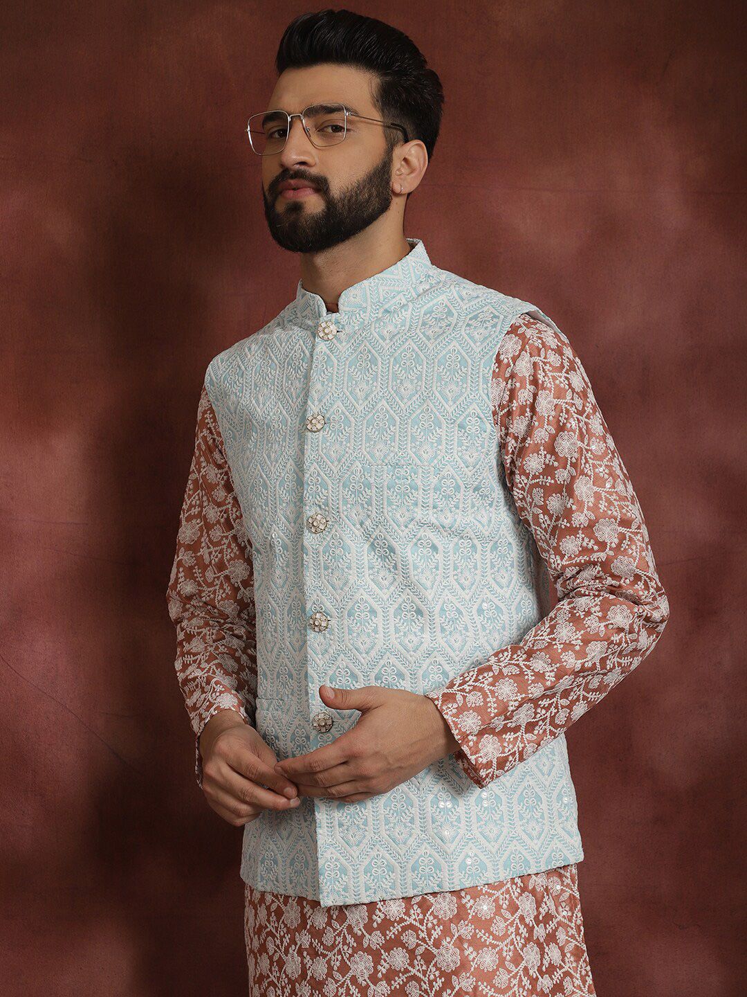 Anouk Embroidered Regular Thread Work Kurta With Churidar & Nehru Jacket