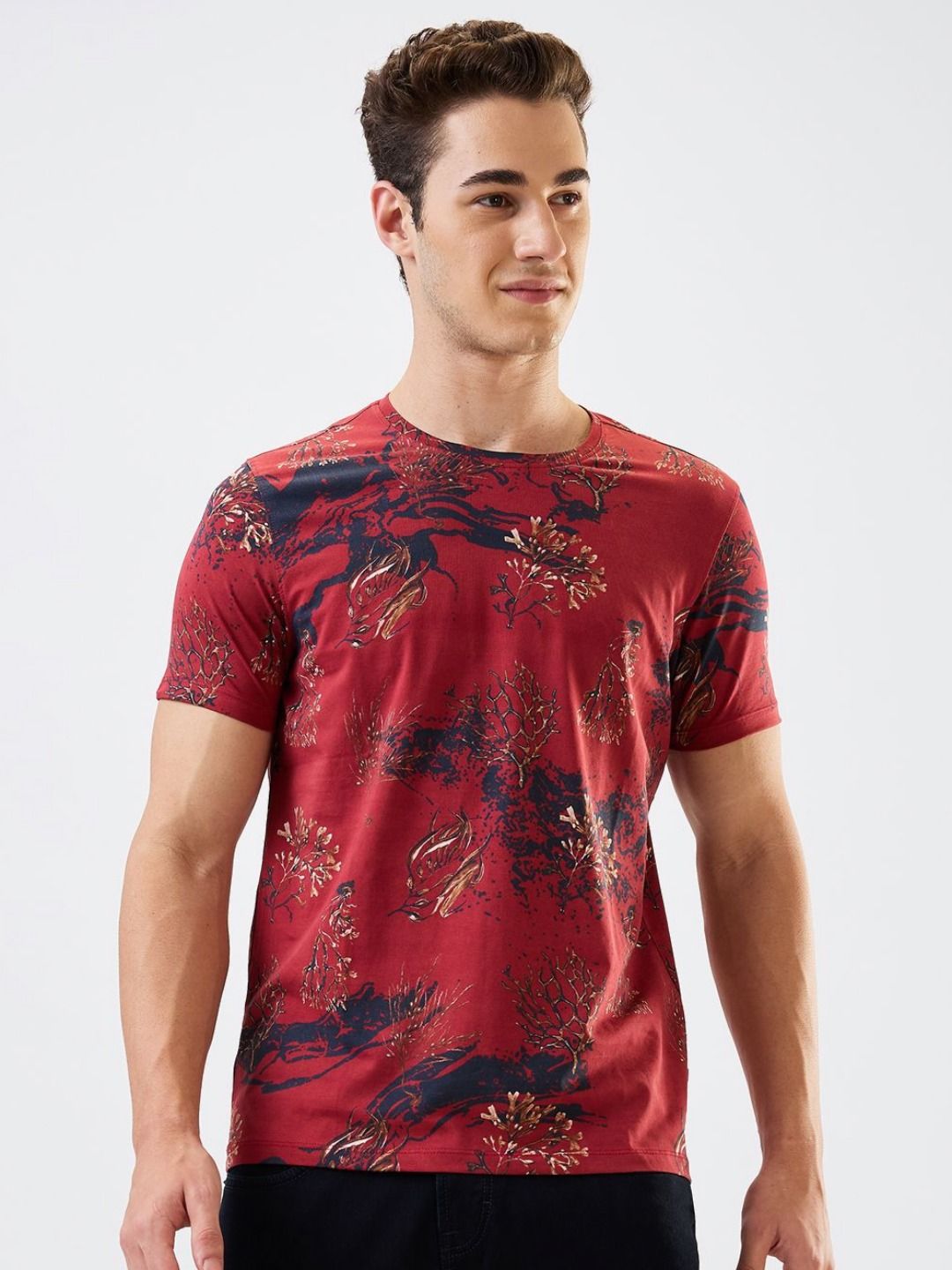 SPYKAR Men Abstract Printed Round Neck Cotton Slim Fit T-shirt