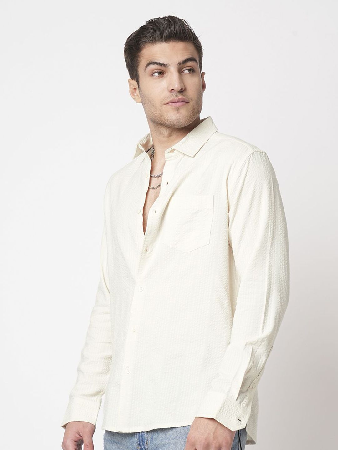 VASTRADO Men Spread Collar Textured Cotton Casual Shirt
