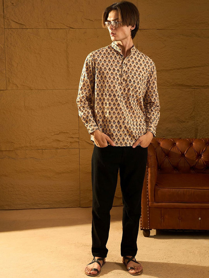 DENNISON Floral Block Printed Mandarin Collar Cotton Short Kurta