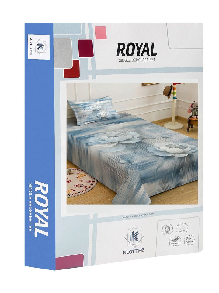 KLOTTHE Blue Floral 400 TC Single 7D Bedsheet with 1 Pillow Covers