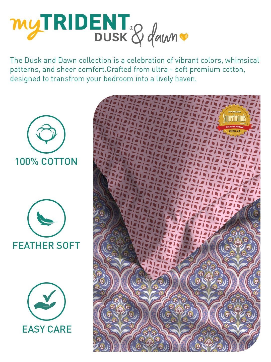 MYTRIDENT Anna Purple Dusk & Dawn Flat 144TC Queen Cotton Bedsheet Set