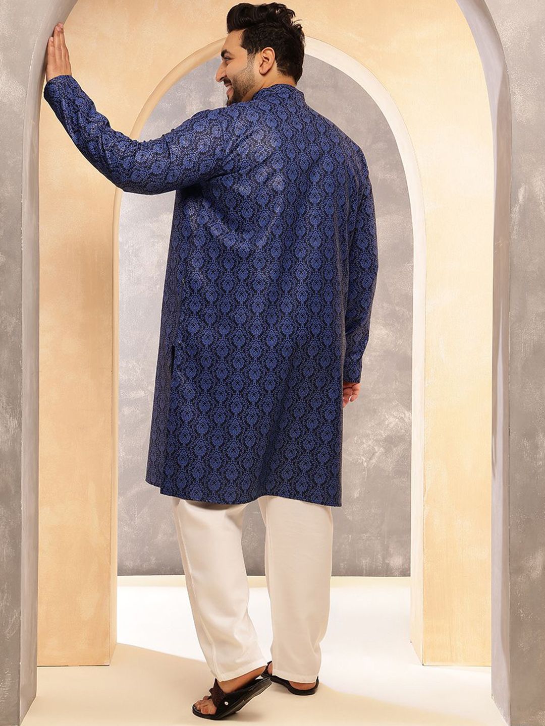 SOJANYA PLUS Motif Etnik Rekaan Tenunan Kurta Linen Kapas Kolar Mandarin Dengan Piyama