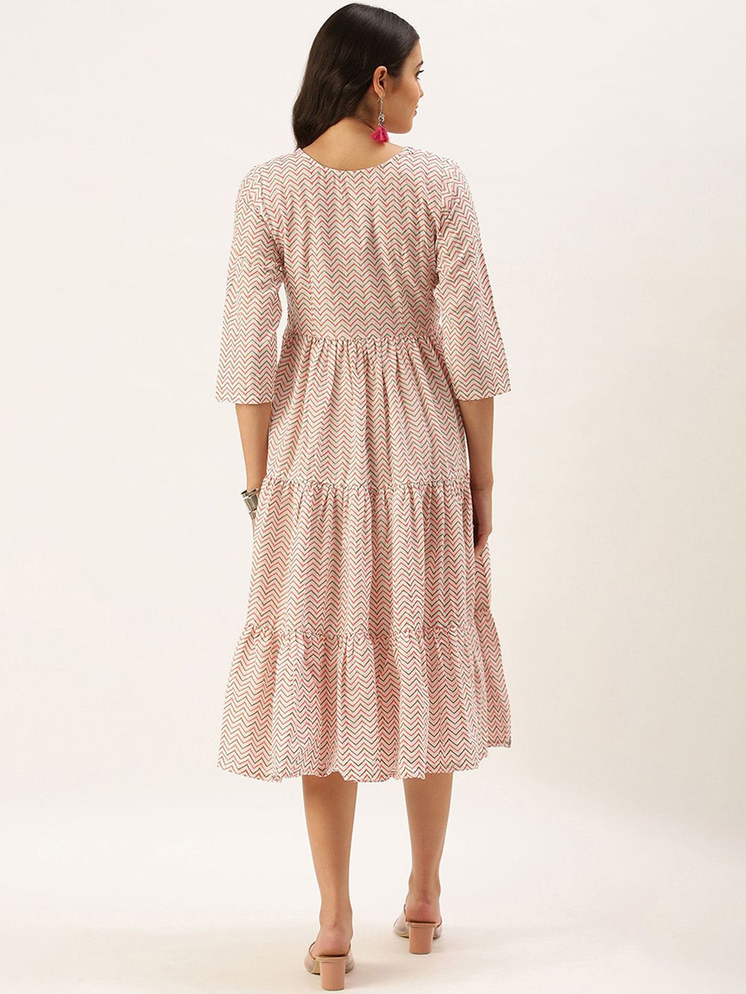 KALINI Chevron Printed Round Neck Midi Cotton Fit and Flare Dress