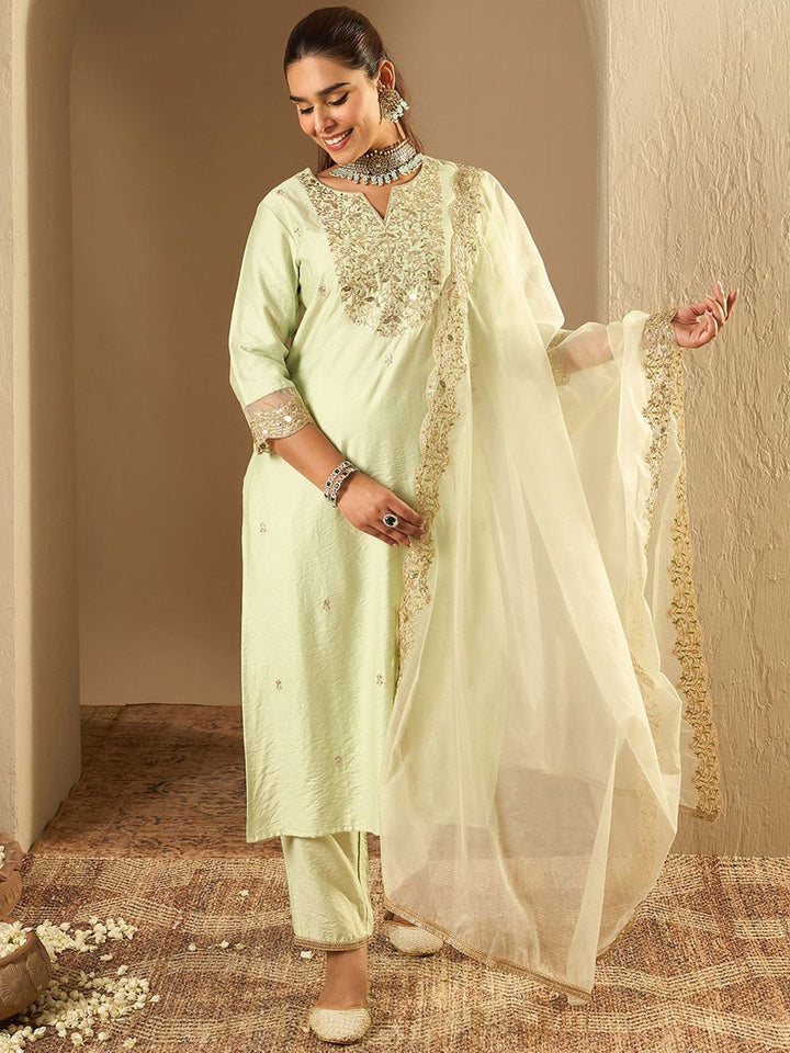 Indo Era Floral Embroidered Notched Neck Liva Straight Kurta With Trousers & Dupatta
