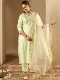 Indo Era Floral Embroidered Notched Neck Liva Straight Kurta With Trousers & Dupatta