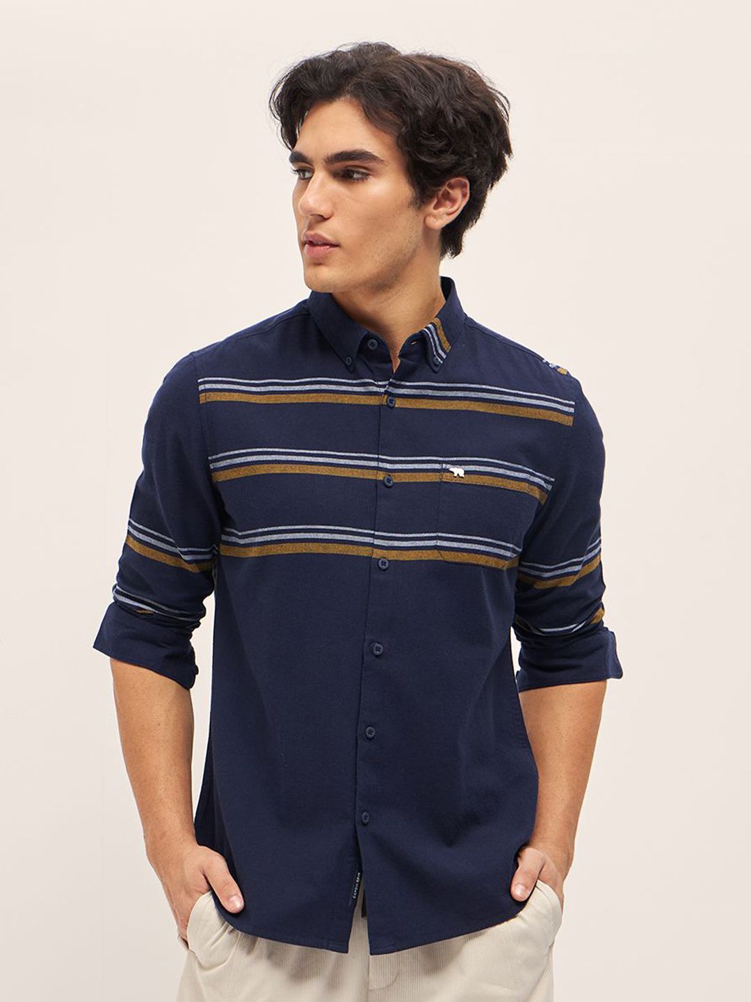 THE BEAR HOUSE Men Button-Down Collar Multi Striped Cotton Slim Fit Casual Shirt