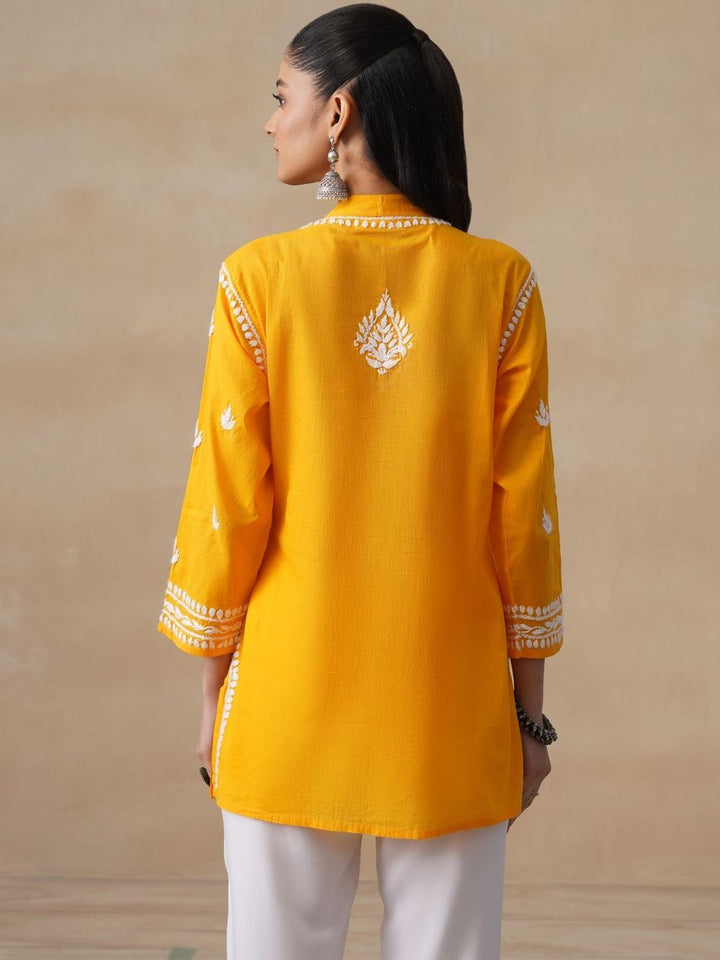 House of Chikankari Women Solid Mustard Embroidered Kurti