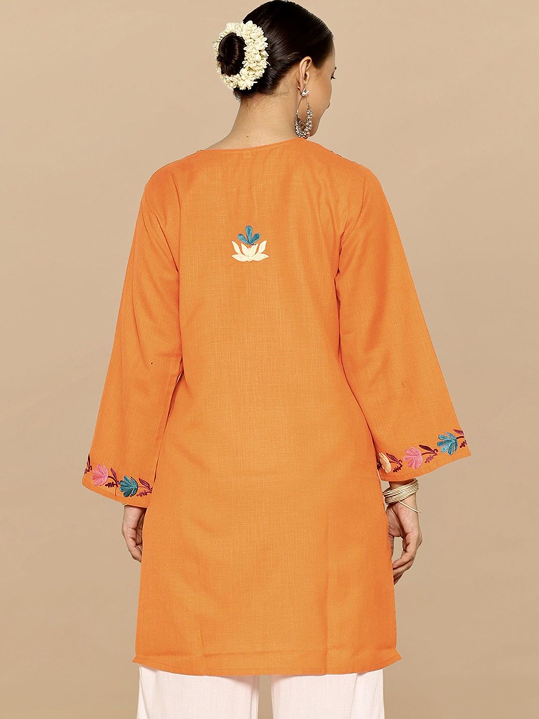HOUSE OF KARI Falak Kashmiri Embroidered Flared Sleeves Thread Work Cotton Straight Kurta