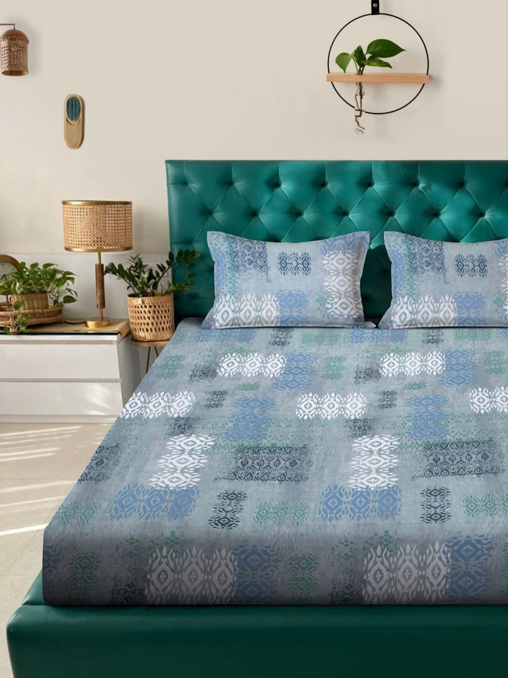 Myntra Elegant Homes Grey & Blue Ethnic Motifs 400 TC King Bedsheet with 2 Pillow Covers