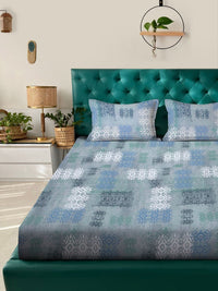 Myntra Elegant Homes Grey & Blue Ethnic Motifs 400 TC King Bedsheet with 2 Pillow Covers