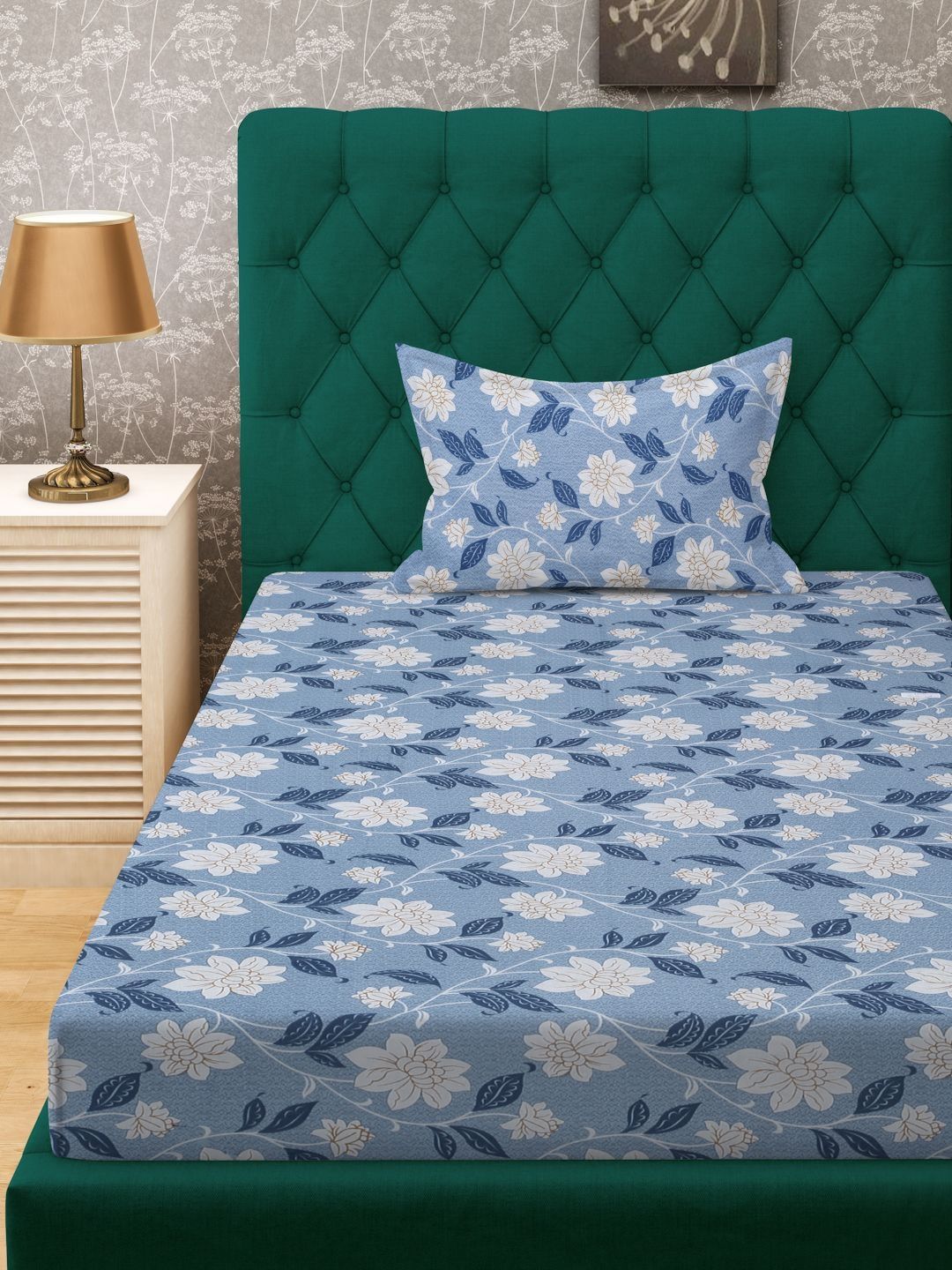 KLOTTHE Blue Printed 400 TC Pure Cotton Single Bed Fitted Bedsheet & 1 Pillow Cover