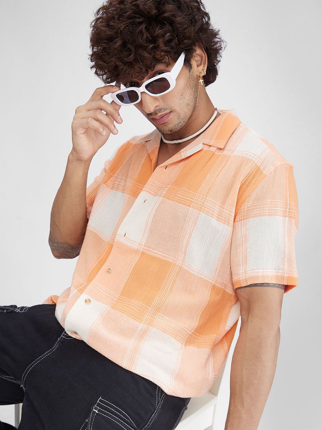 VASTRADO Men Classic Cuban Collar Checked Cotton Oversized Casual Shirt