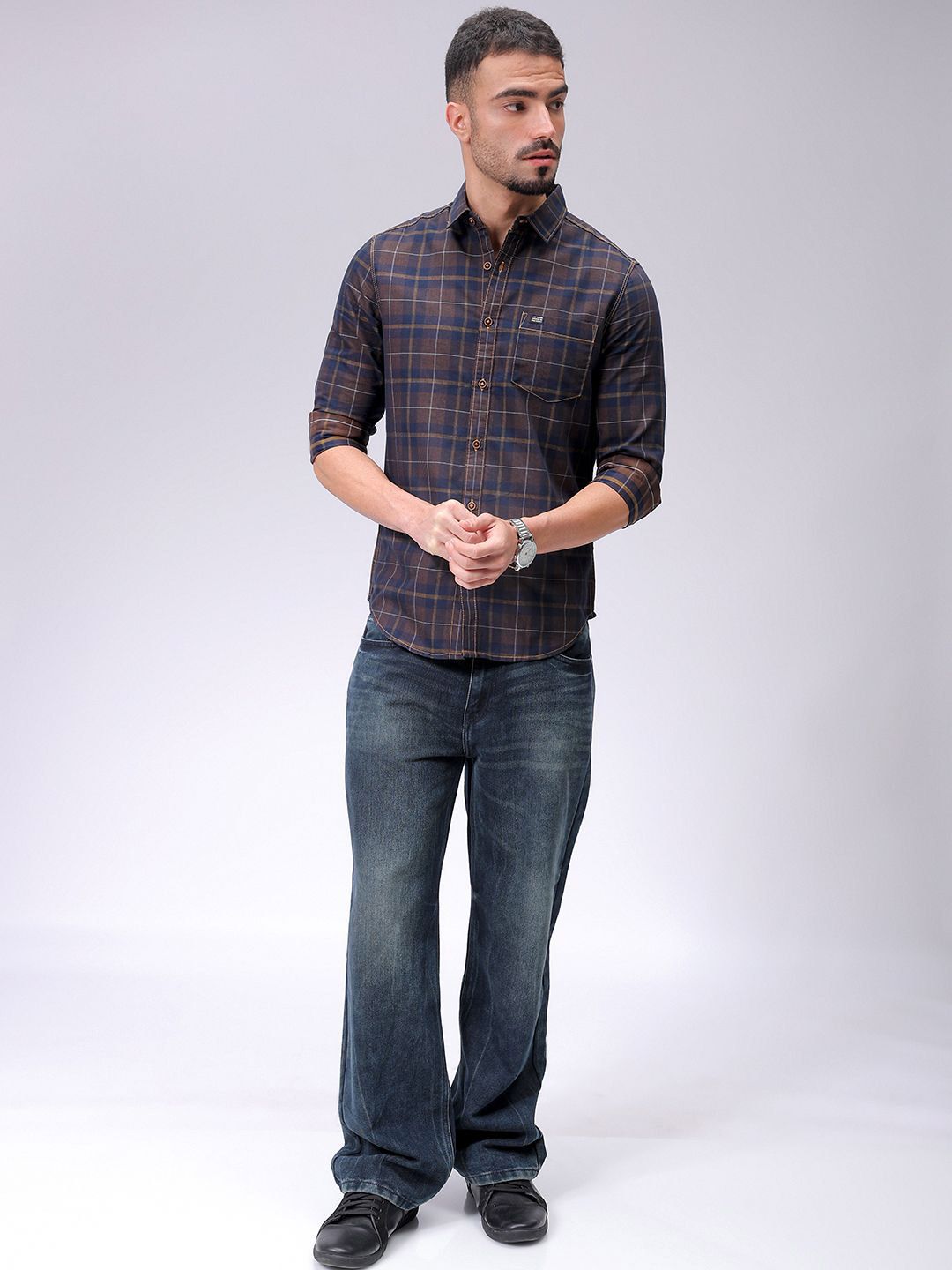 Lelaki Garage CO India Slim Fit Opaque Memeriksa Baju Kasual