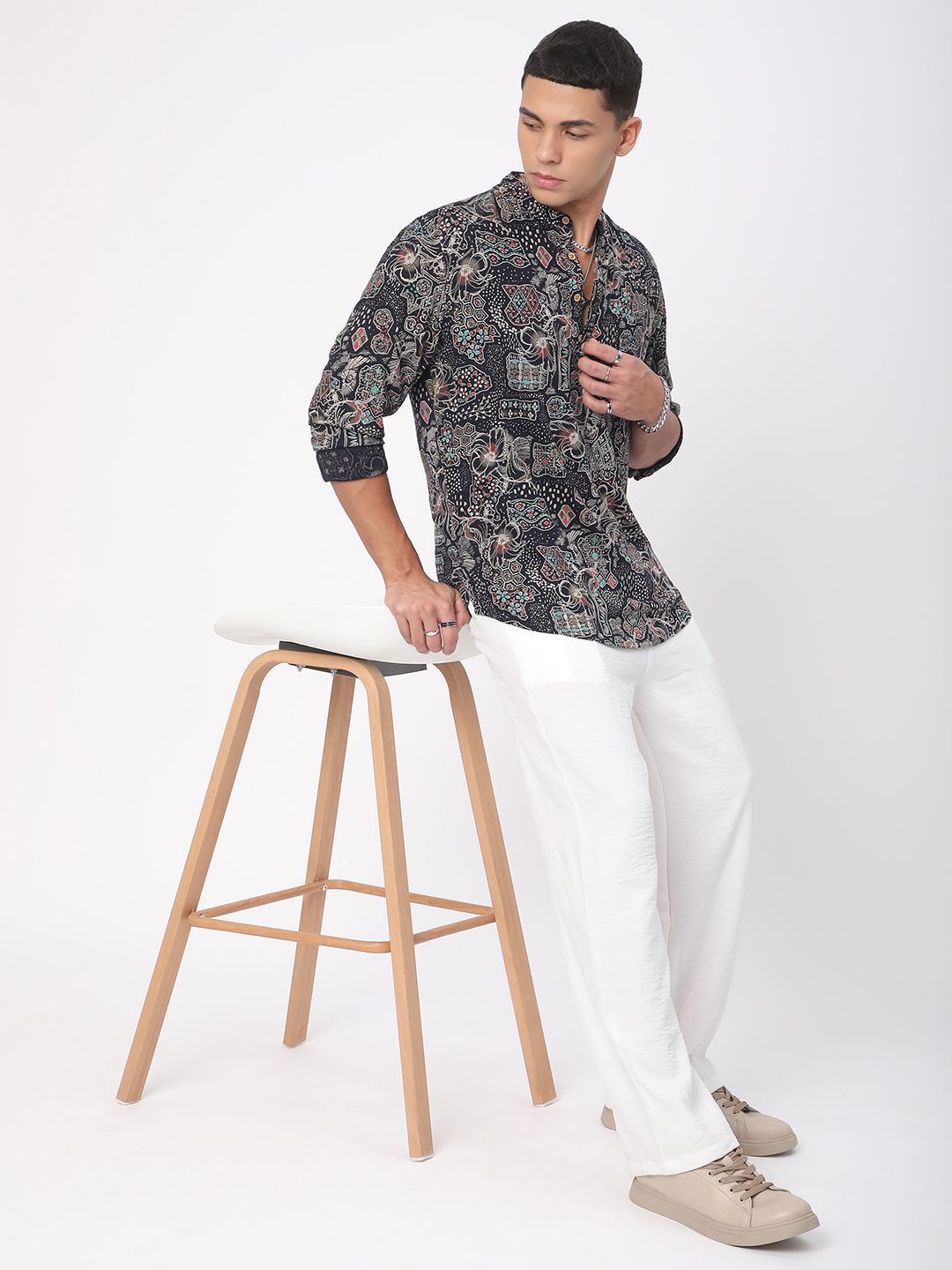 VASTRADO Picturesque Abstract Printed Band Collar Straight Kurta