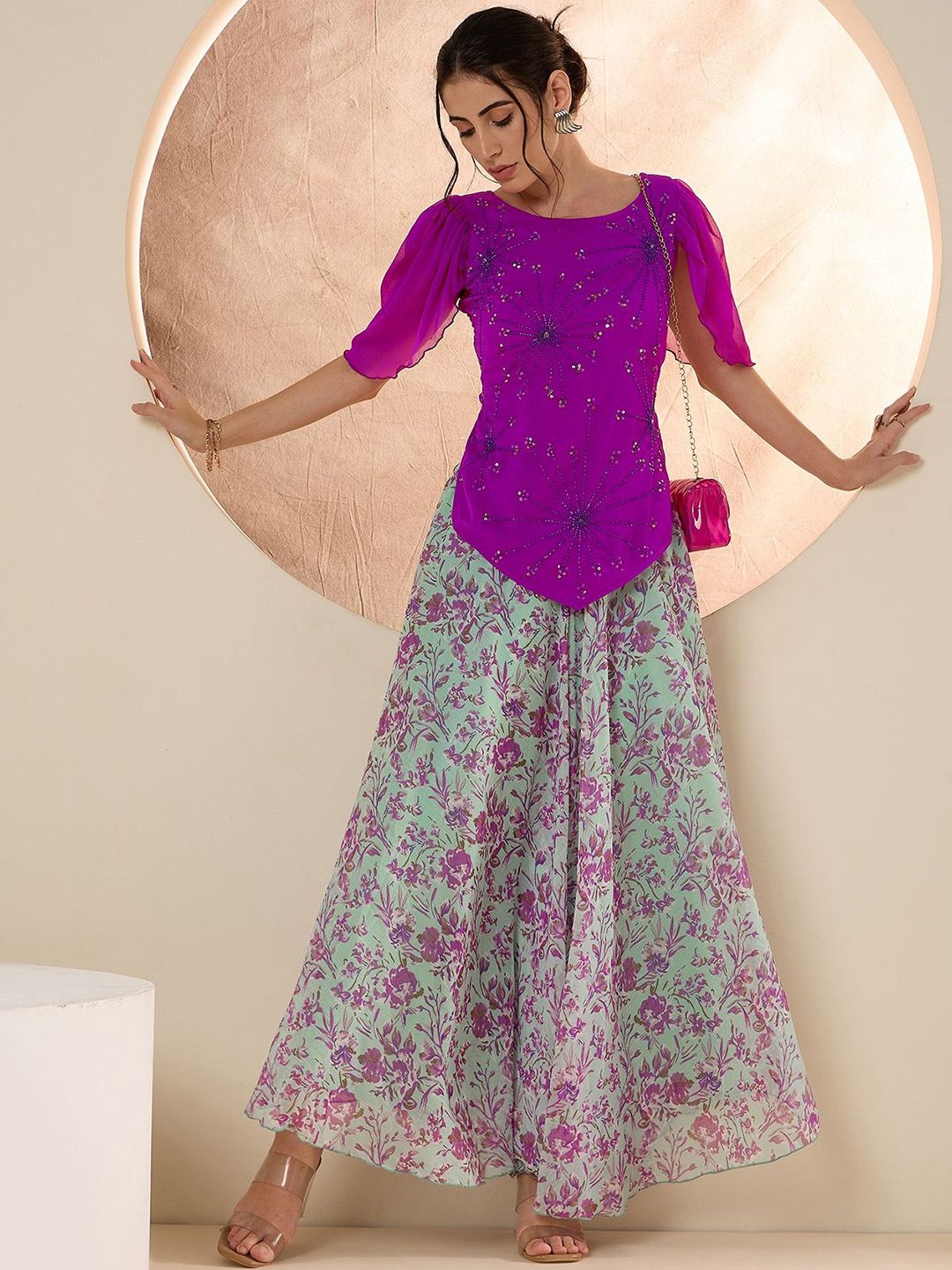 Antheaa Embellished Round Neck Top & Palazzo