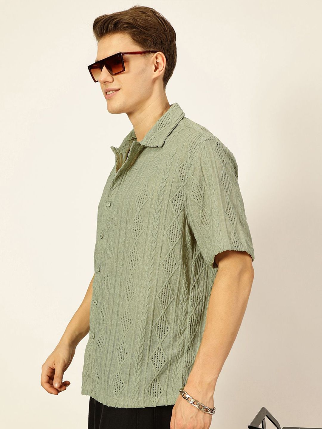 Thomas Scott Men Premium Spread Collar Textured Oversized Casual Shirt