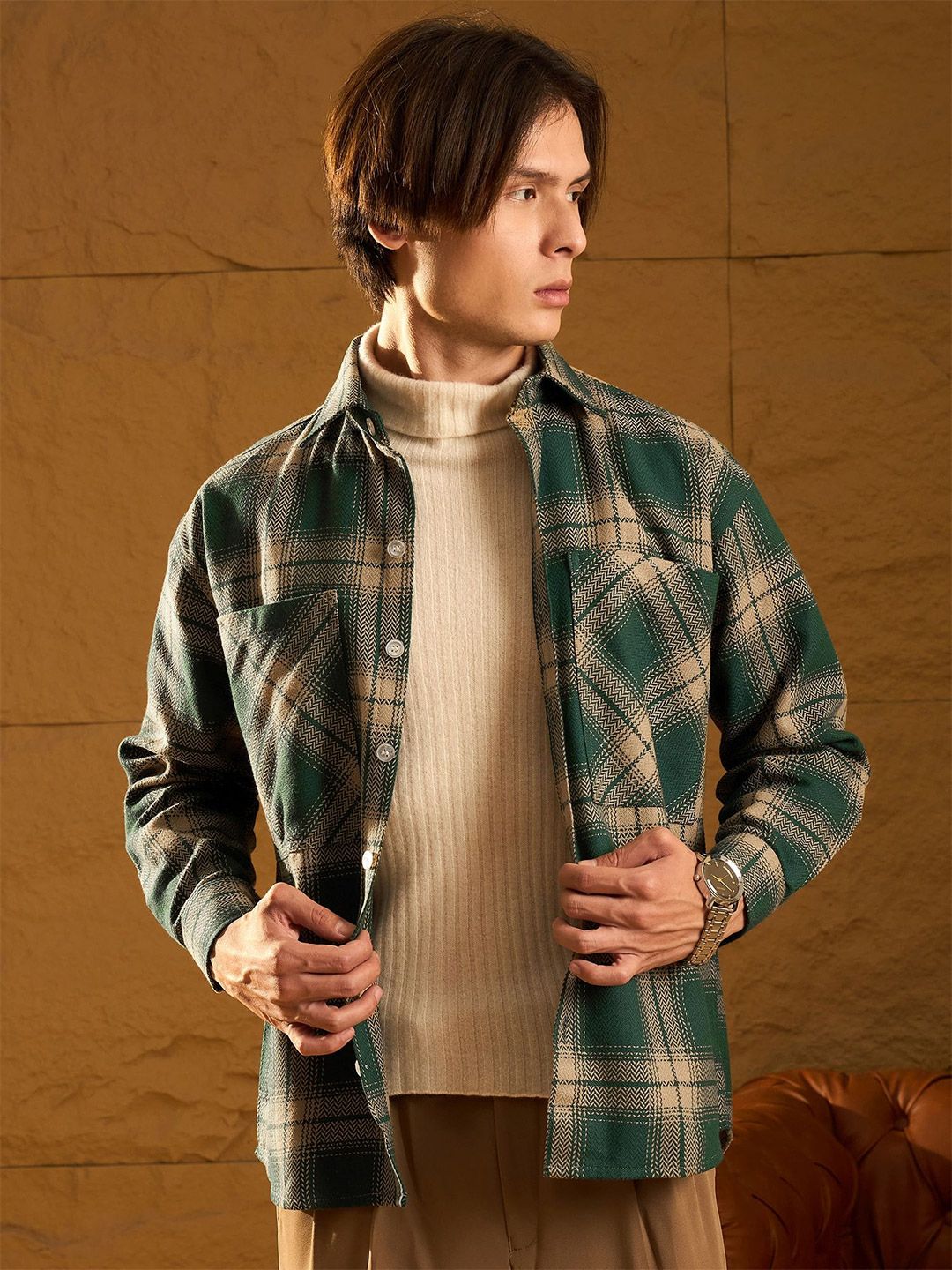 DENNISON Men Double Pocket Drop Shoulder Oversized Cotton Checked Shacket