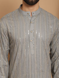 Anouk Grey Leheriya Embroidered Mandarin Collar Pure Cotton Straight Kurta With Churidar