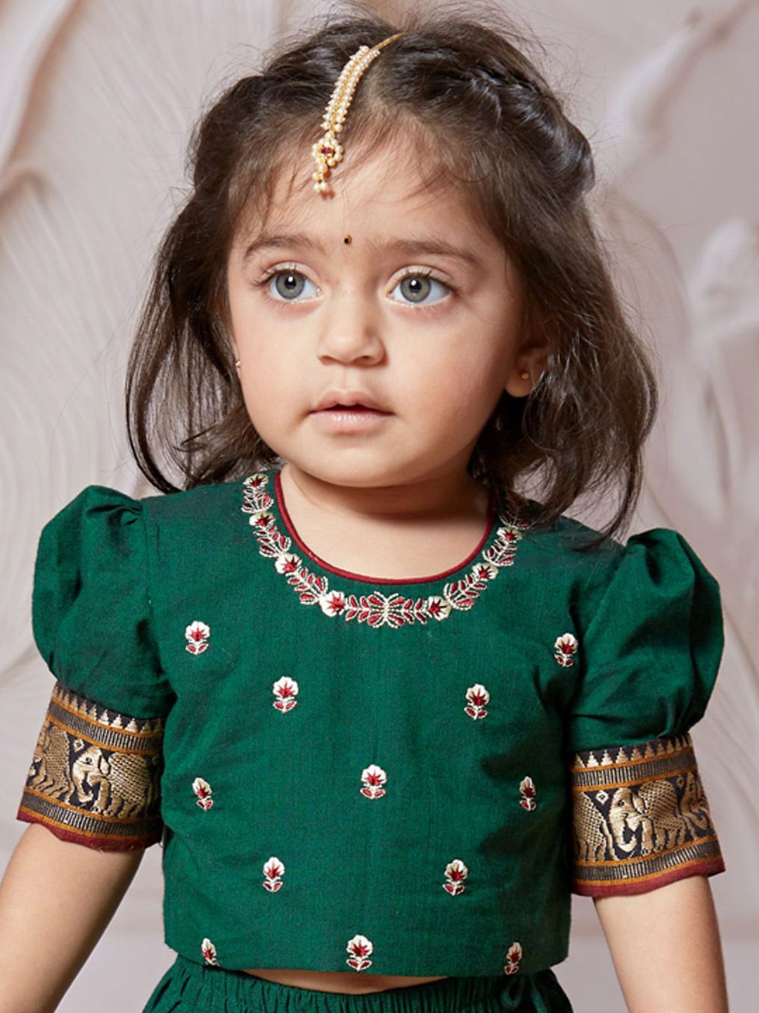 VASTRAMAY Girls Embroidered Thread Work Puffed Sleeves Cotton Ready to Wear Lehenga Choli