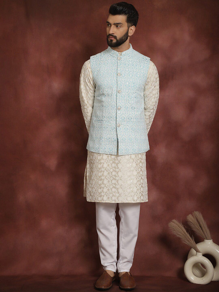 Anouk Floral Embroidered Mandarin Collar Thread Work Kurta & Churidar With Nehru Jacket