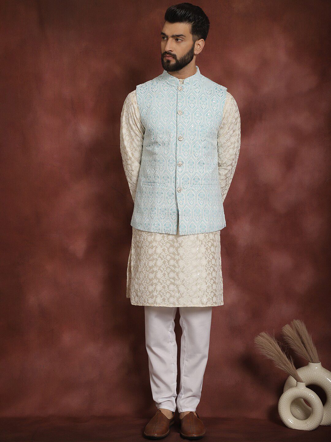 Anouk Floral Embroidered Mandarin Collar Thread Work Kurta & Churidar With Nehru Jacket