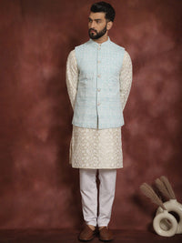 Anouk Floral Embroidered Mandarin Collar Thread Work Kurta & Churidar With Nehru Jacket