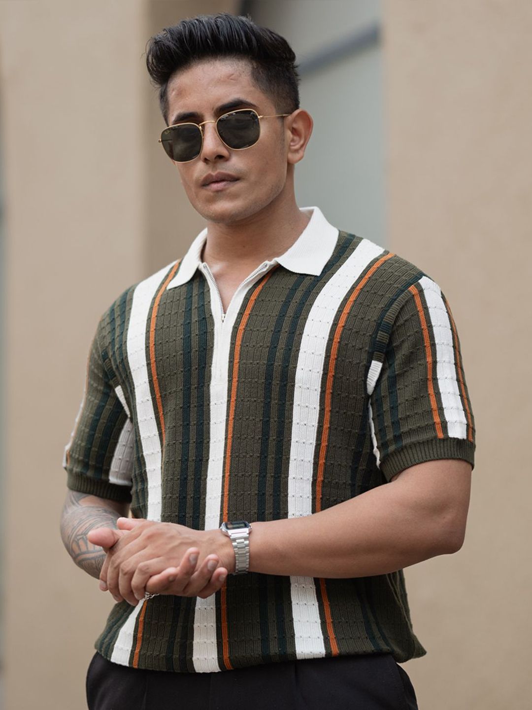 Powerlook Men Striped Polo Collar Pure Cotton T-shirt