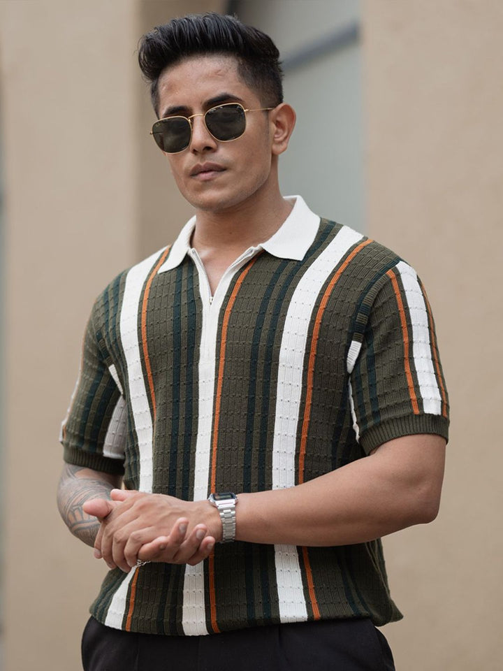 Powerlook Men Striped Polo Collar Pure Cotton T-shirt