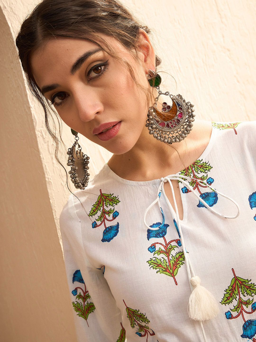 Shae by SASSAFRAS Floral Block Printed Keyhole Neck Anarkali Pure Cotton Kurta