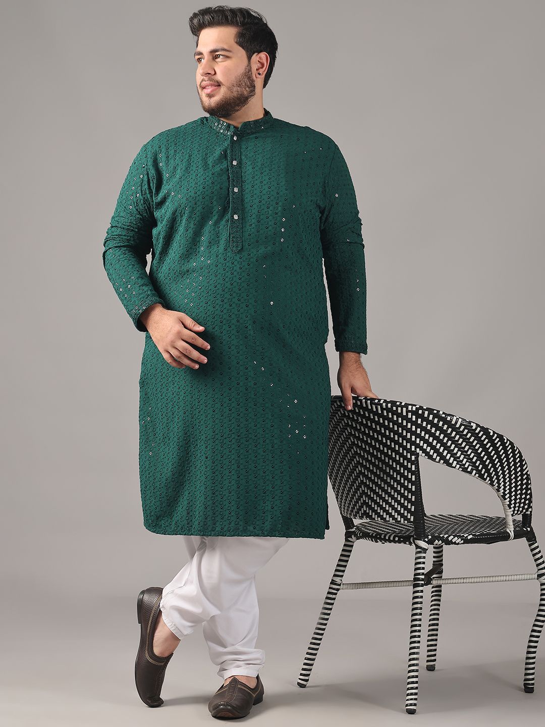 SOJANYA PLUS Size Floral Embroidered Band Collar Sequin Cotton Straight Kurta