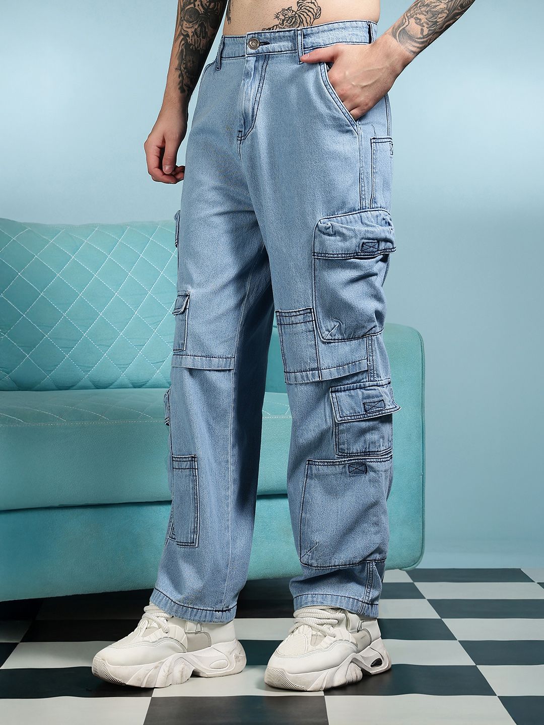 Eszett Men Blue Santai Slim Fit High-Rise Seluar Denim Cargos Mudah Dicuci