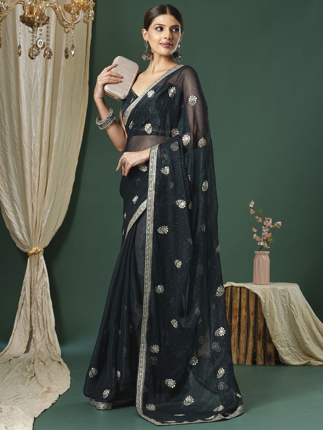 Saree mall Embellished Beads and Stones Poly Georgette Designer Sarees