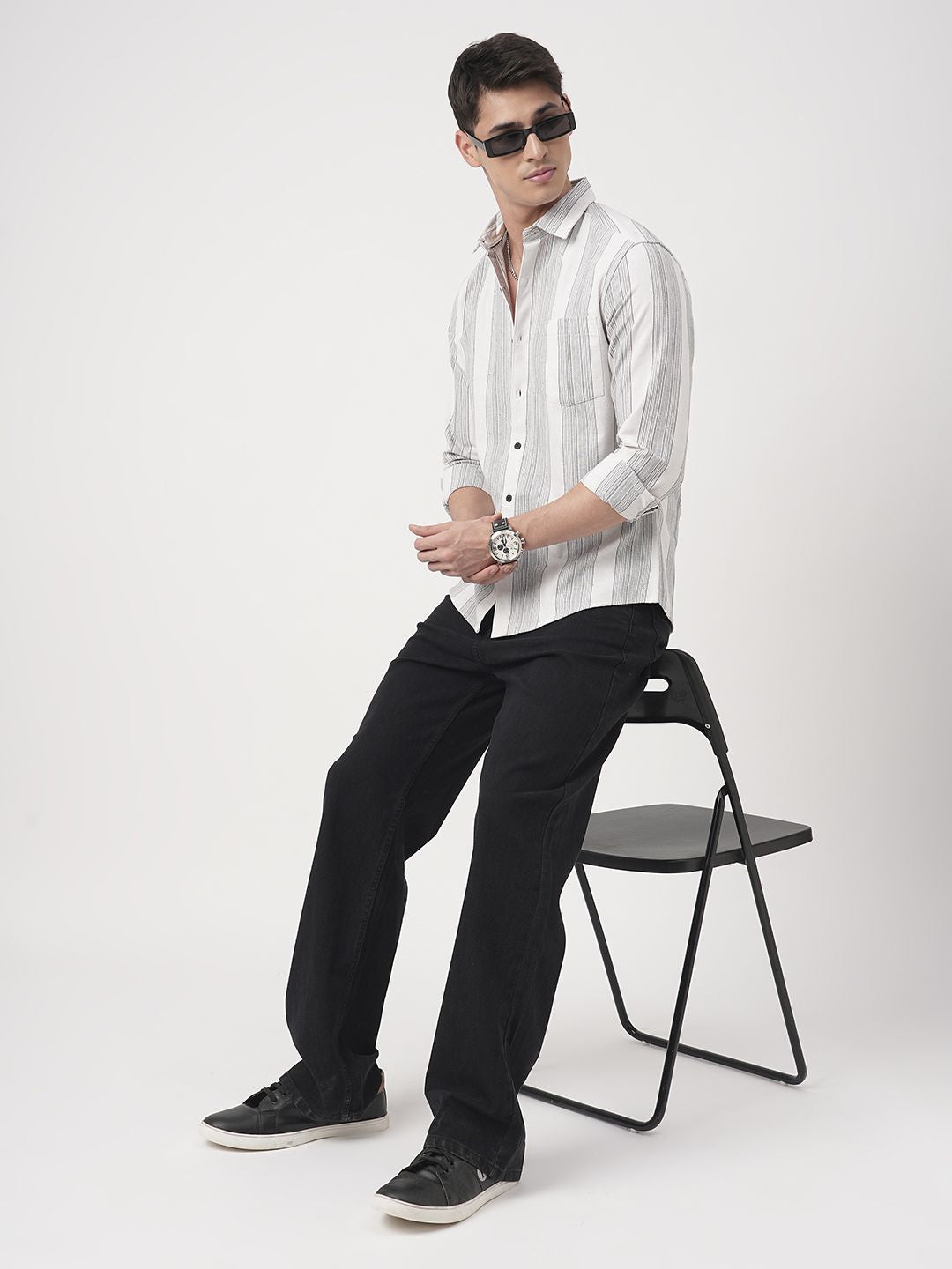 VASTRADO Men Classic Fit Spread Collar Vertical Striped Cotton Casual Shirt