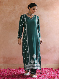 House of Chikankari Women Bottle Green Rayon Chikankari Embroidered Kurta Set
